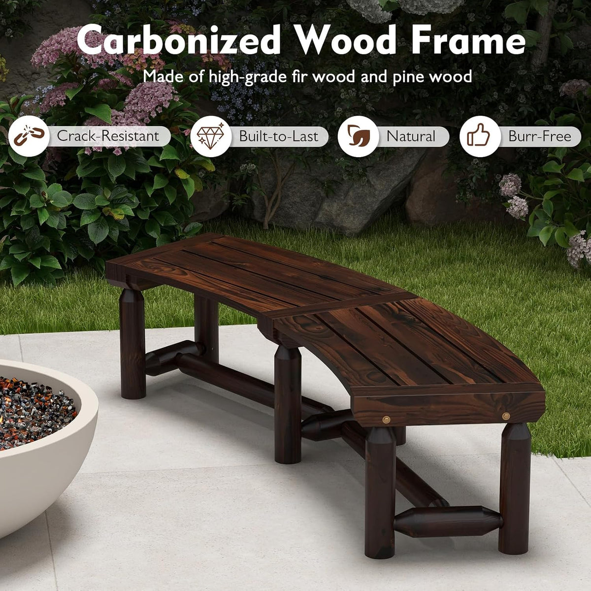 Rustic Carbonized Curved Fire Pit Bench