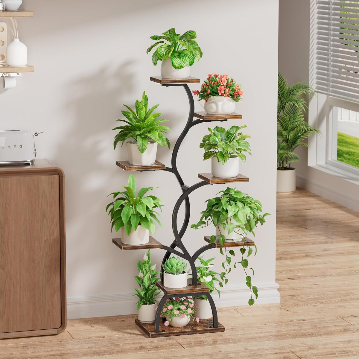 Brown 8‑Tier Corner Plant Stand With Grow Light