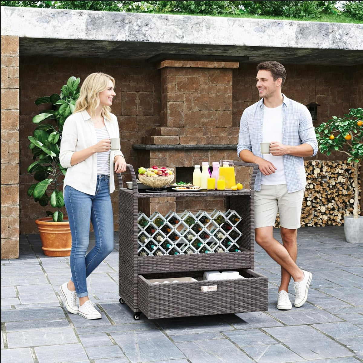 Wicker Rolling Outdoor Bar Cart With Glass Top