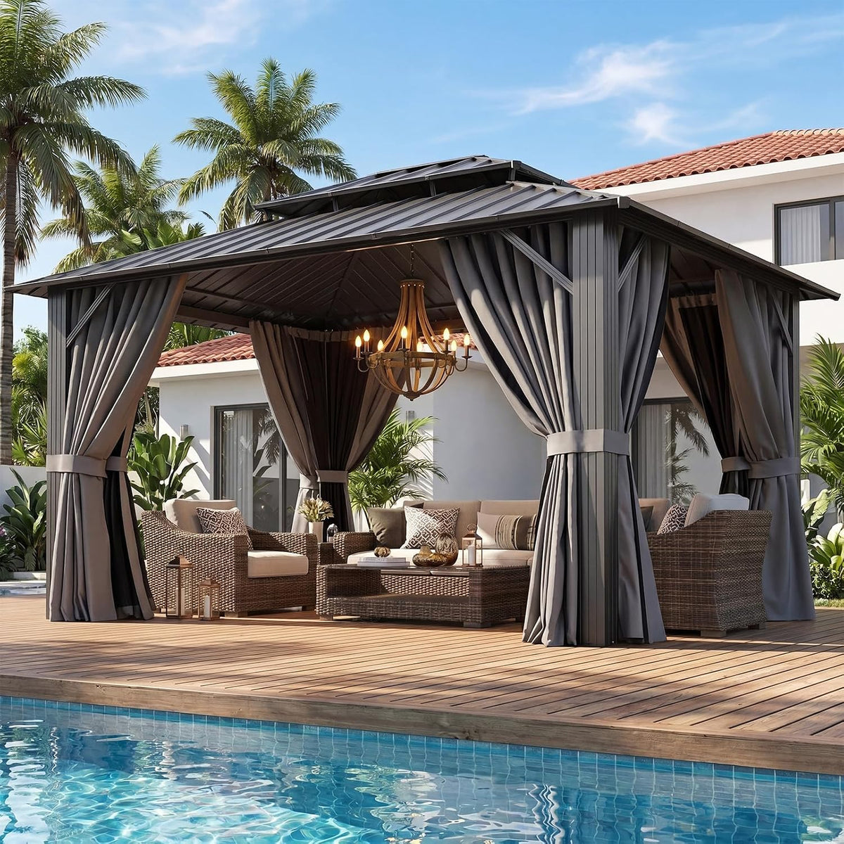 Gray 10'x12' Hardtop Gazebo With Curtain & Netting
