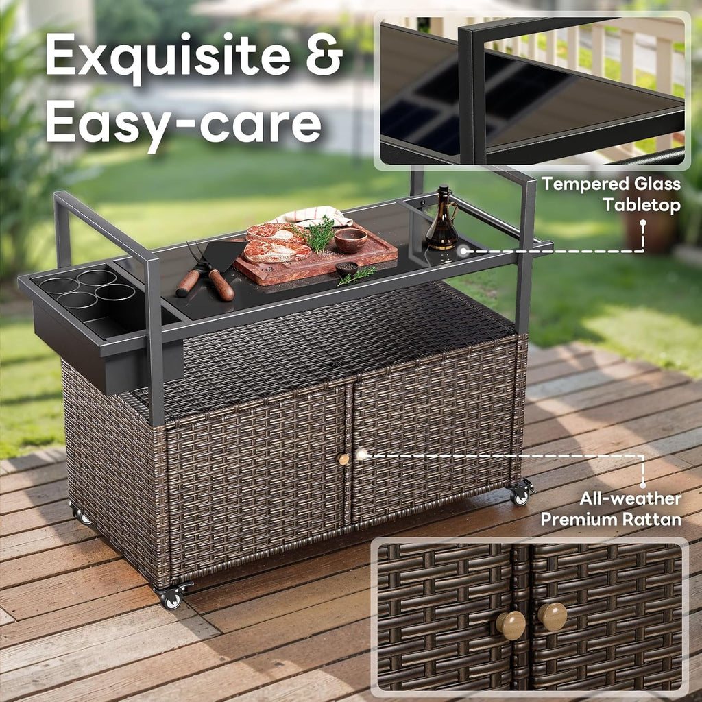 Brown Rattan Rolling Outdoor Bar Cart