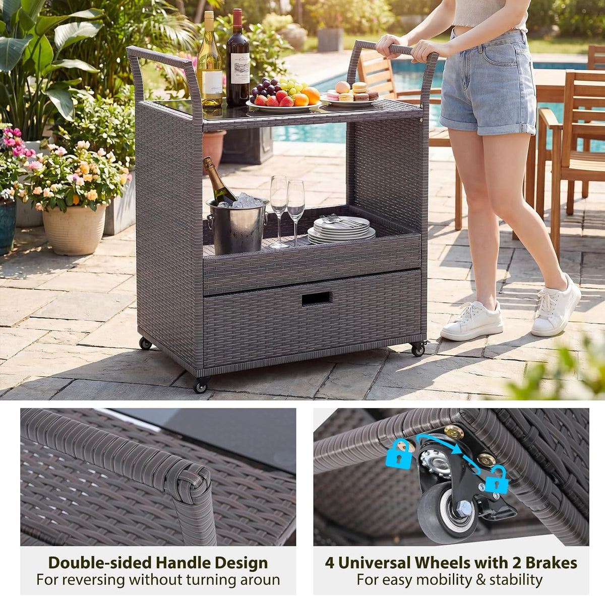 Wicker Rolling Outdoor Serving Bar Cart
