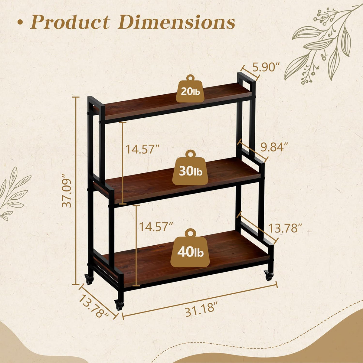 Walnut 3‑Tier Rolling Wood Plant Stand