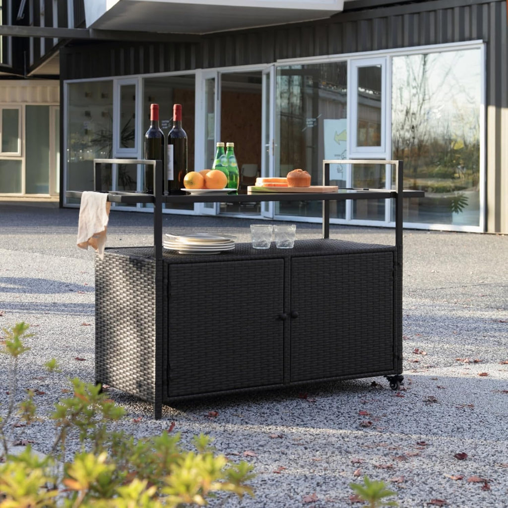 Black Wicker Rolling Outdoor Bar Cart
