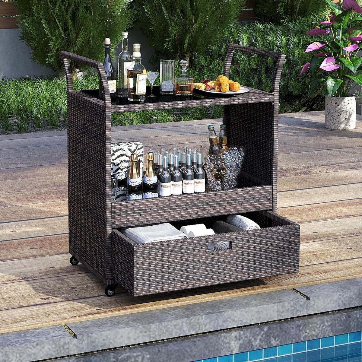 Wicker Rolling Outdoor Serving Bar Cart