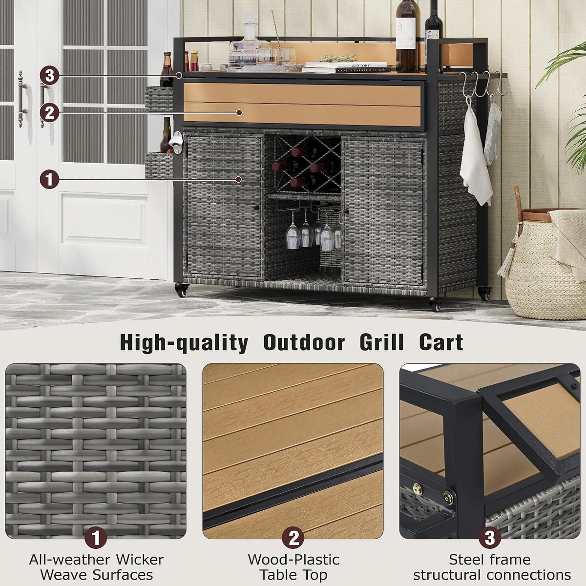Grey Rattan Rolling Outdoor Bar Cart