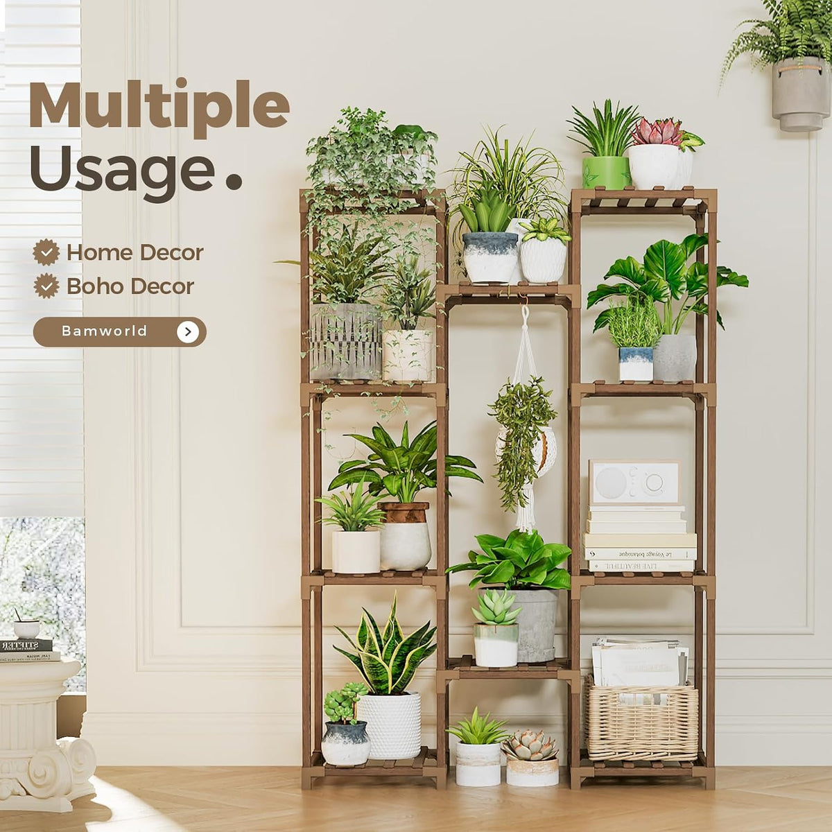 Brown Wood Tall Multiple‑Pots Plant Stand