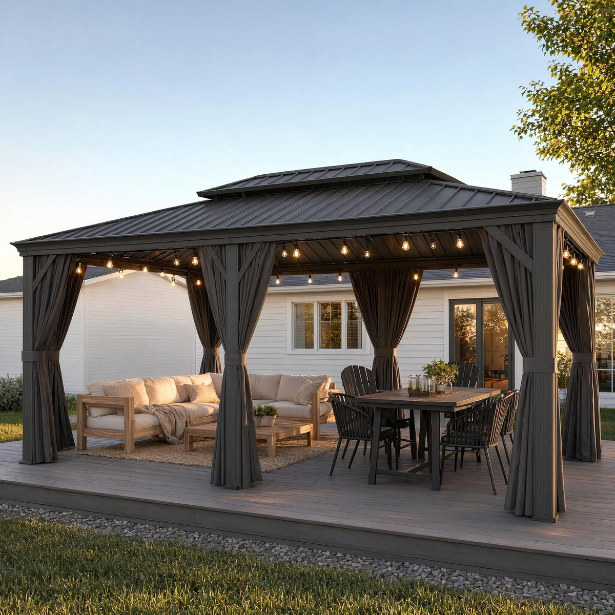Black 12'x20' Hardtop Gazebo With Flame‑Retardant Curtain
