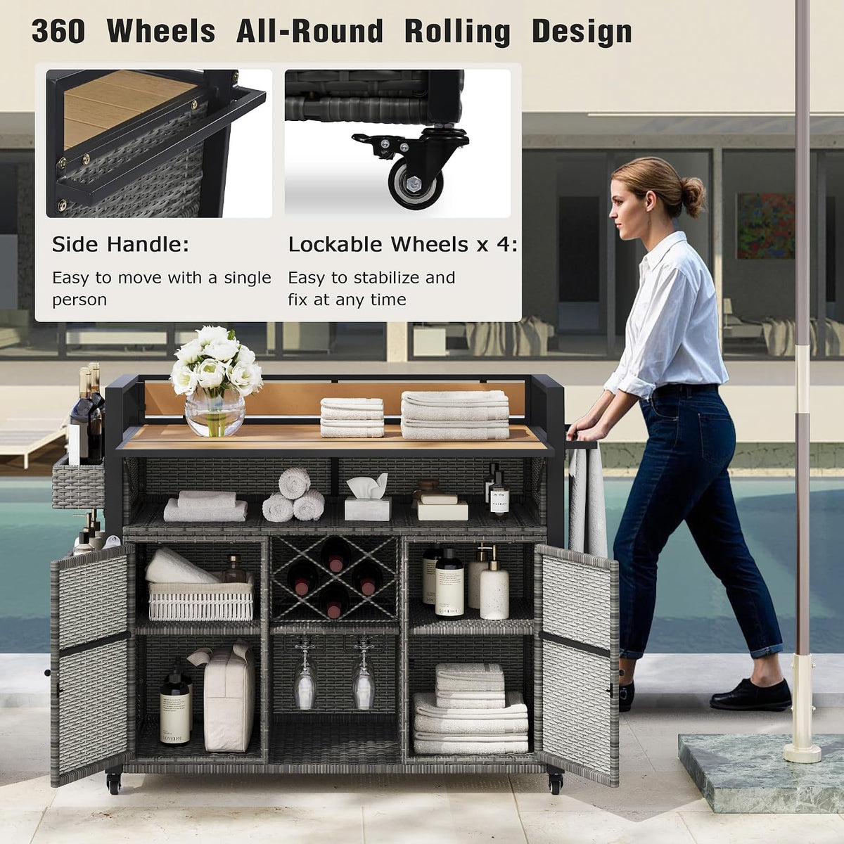 Grey Rattan Rolling Outdoor Bar Cart