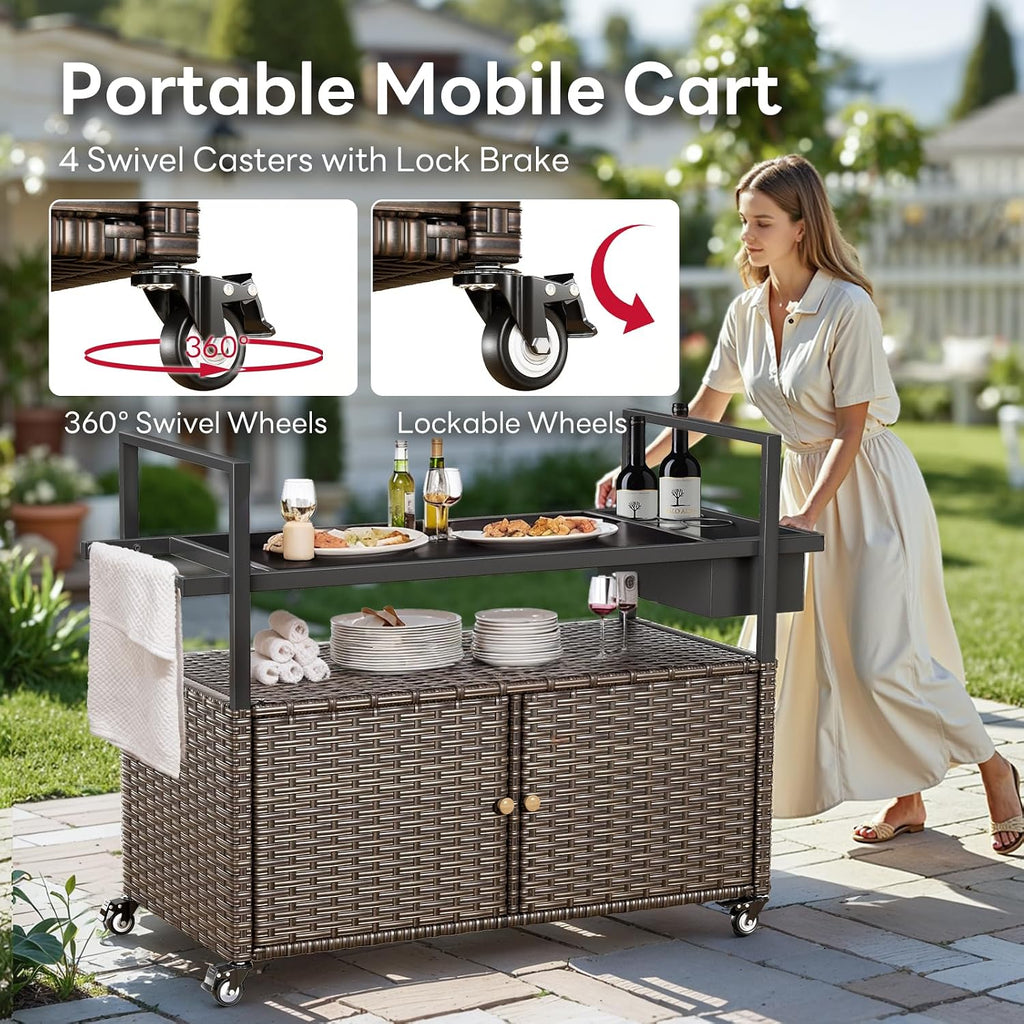 Brown Rattan Rolling Outdoor Bar Cart