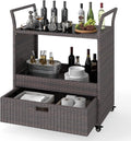 Wicker Rolling Outdoor Bar Cart With Glass Top