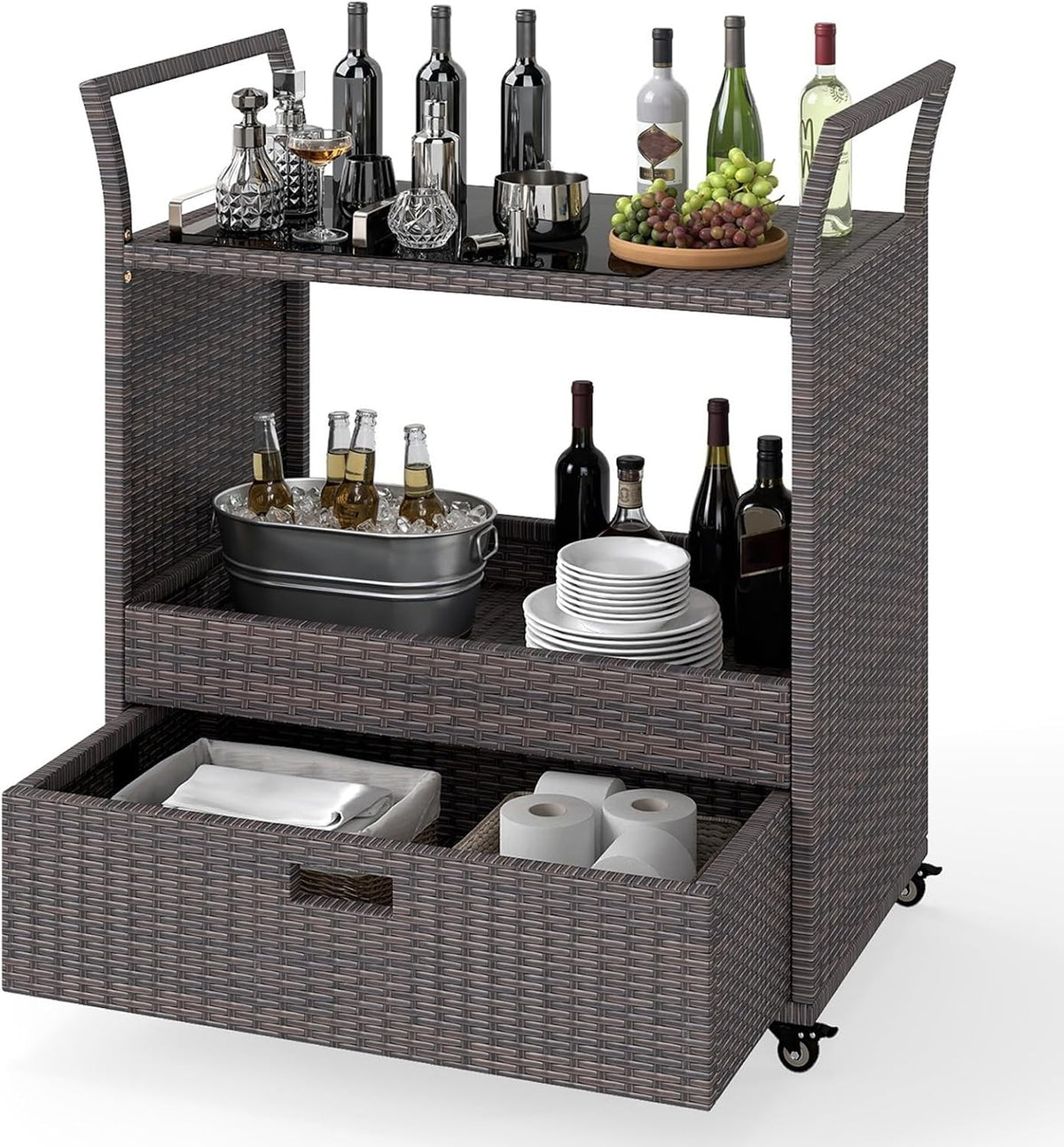 Wicker Rolling Outdoor Bar Cart With Glass Top