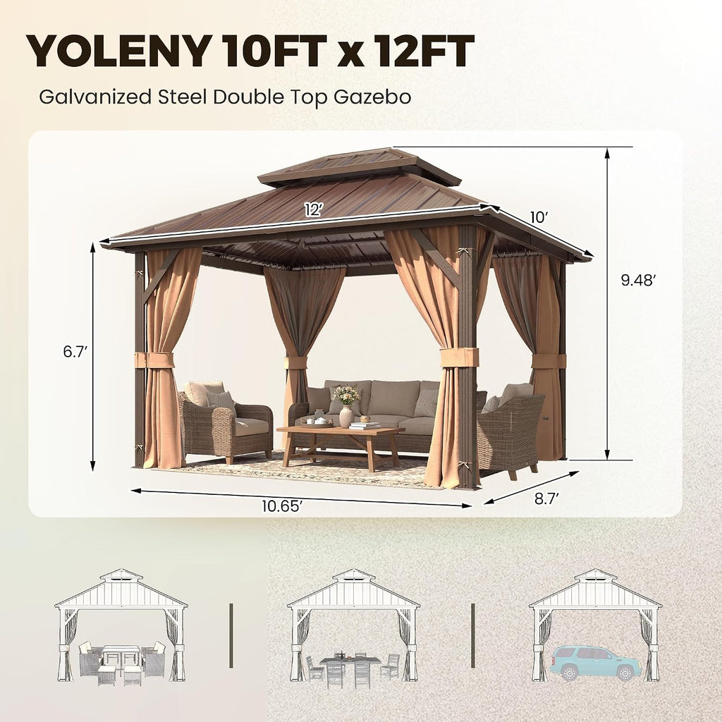 10'x12' Aluminum Hardtop Gazebo With Curtains & Netting