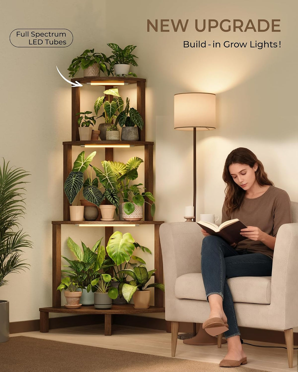 4‑Tier Wood Corner Plant Stand With Grow Lights