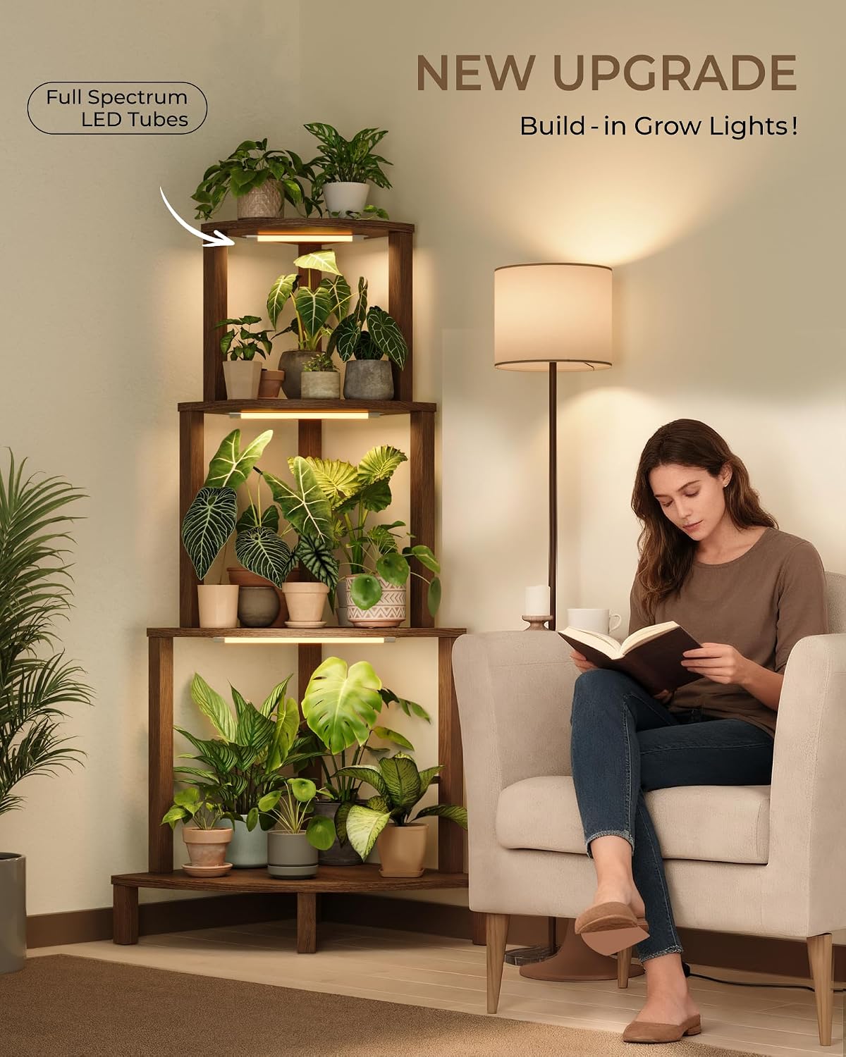 4‑Tier Wood Corner Plant Stand With Grow Lights