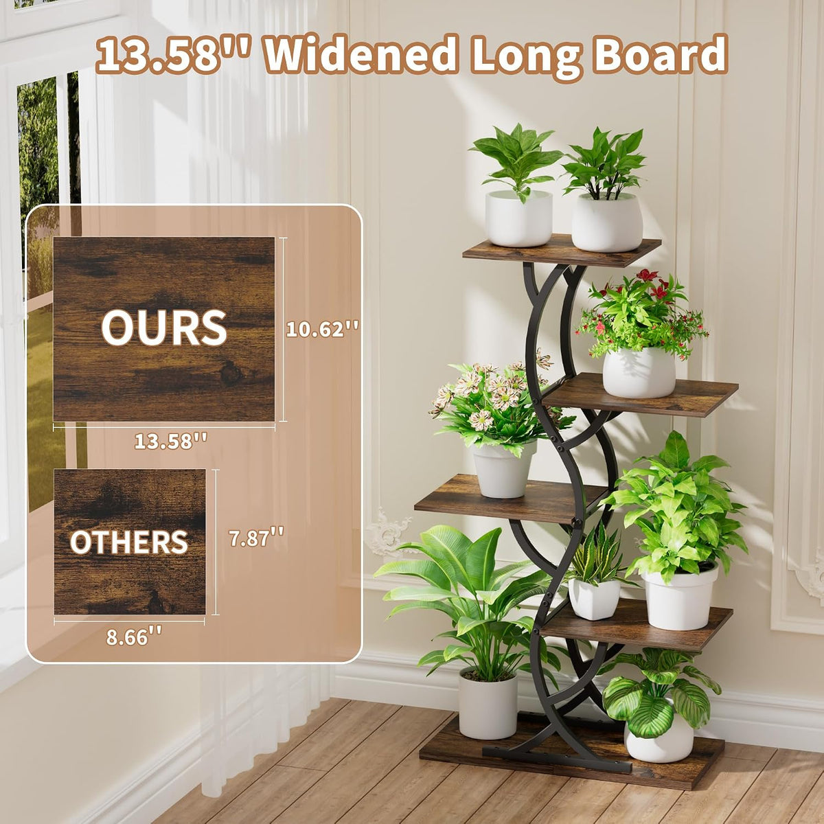 Brown 5‑Tier S‑Shape Plant Stand With Grow Lights