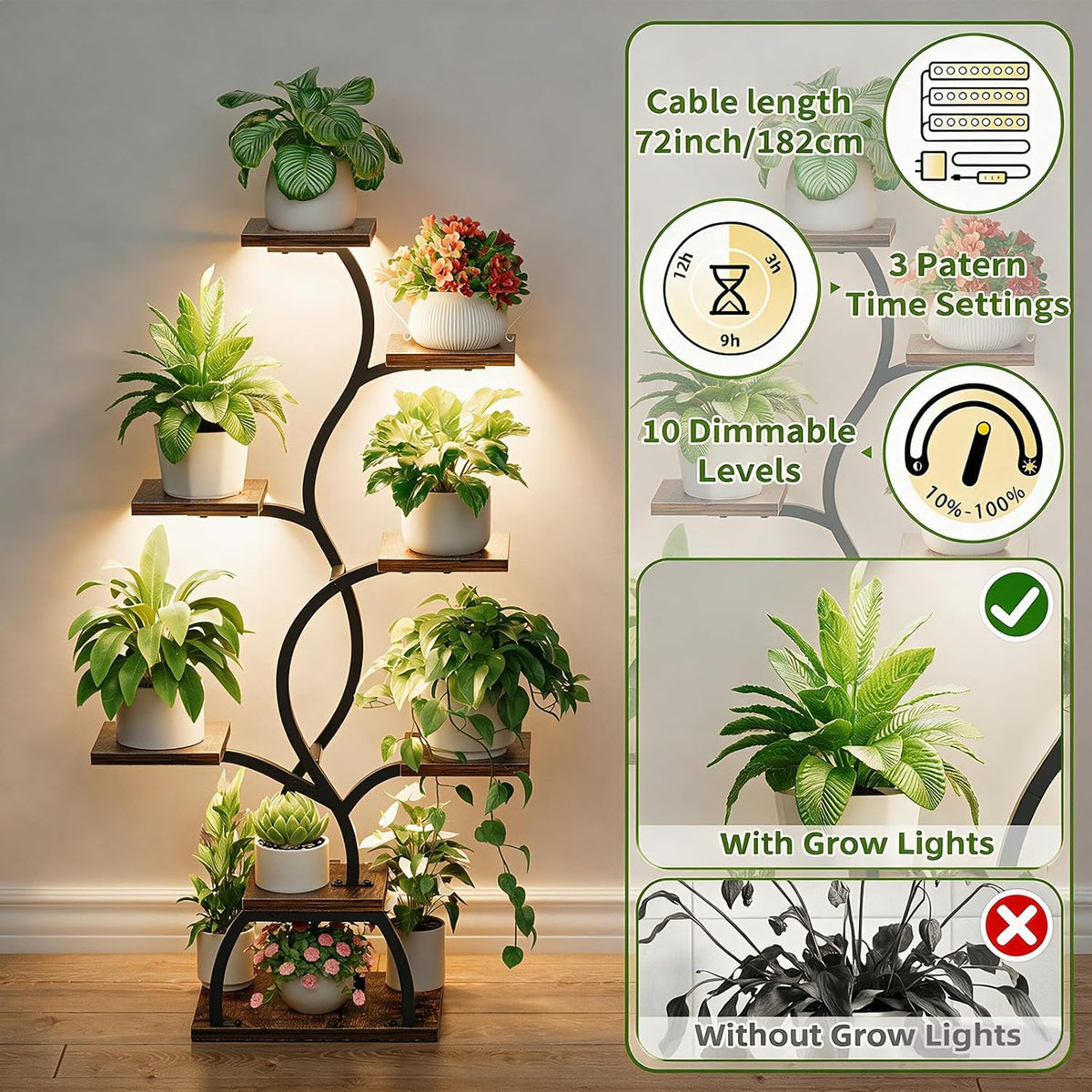 Brown 8‑Tier Corner Plant Stand With Grow Light