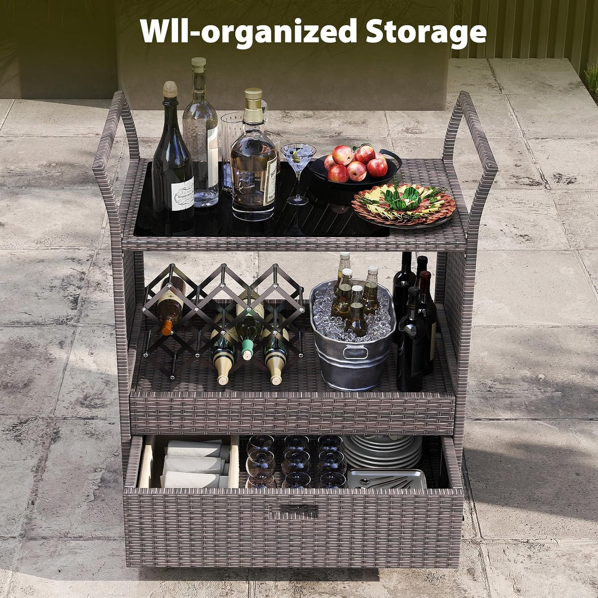 Wicker Rolling Outdoor Serving Bar Cart