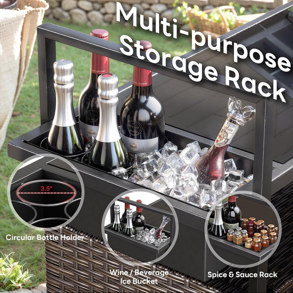 Brown Rattan Rolling Outdoor Bar Cart