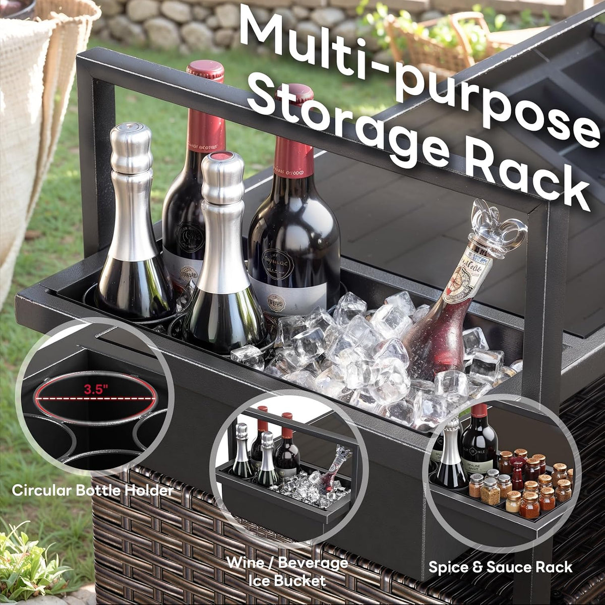 Brown Rattan Rolling Outdoor Bar Cart