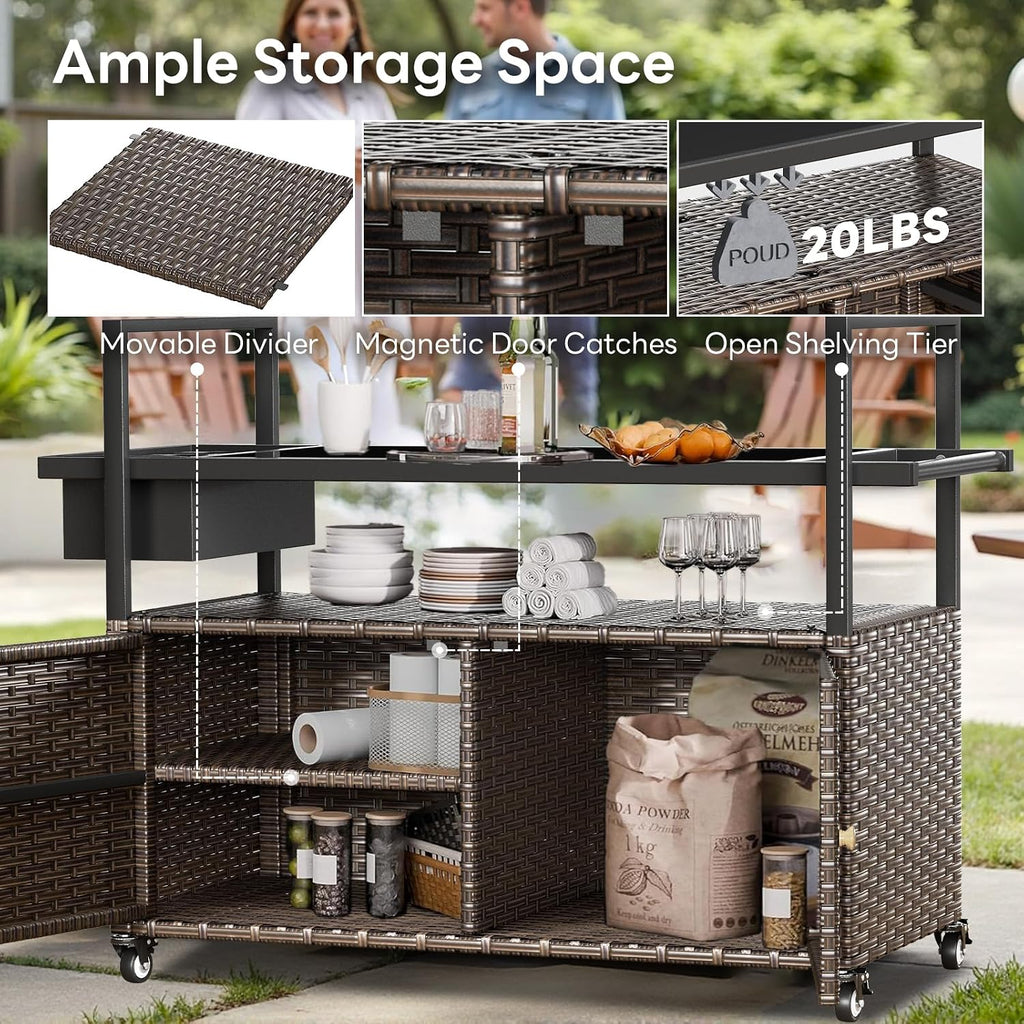 Brown Rattan Rolling Outdoor Bar Cart