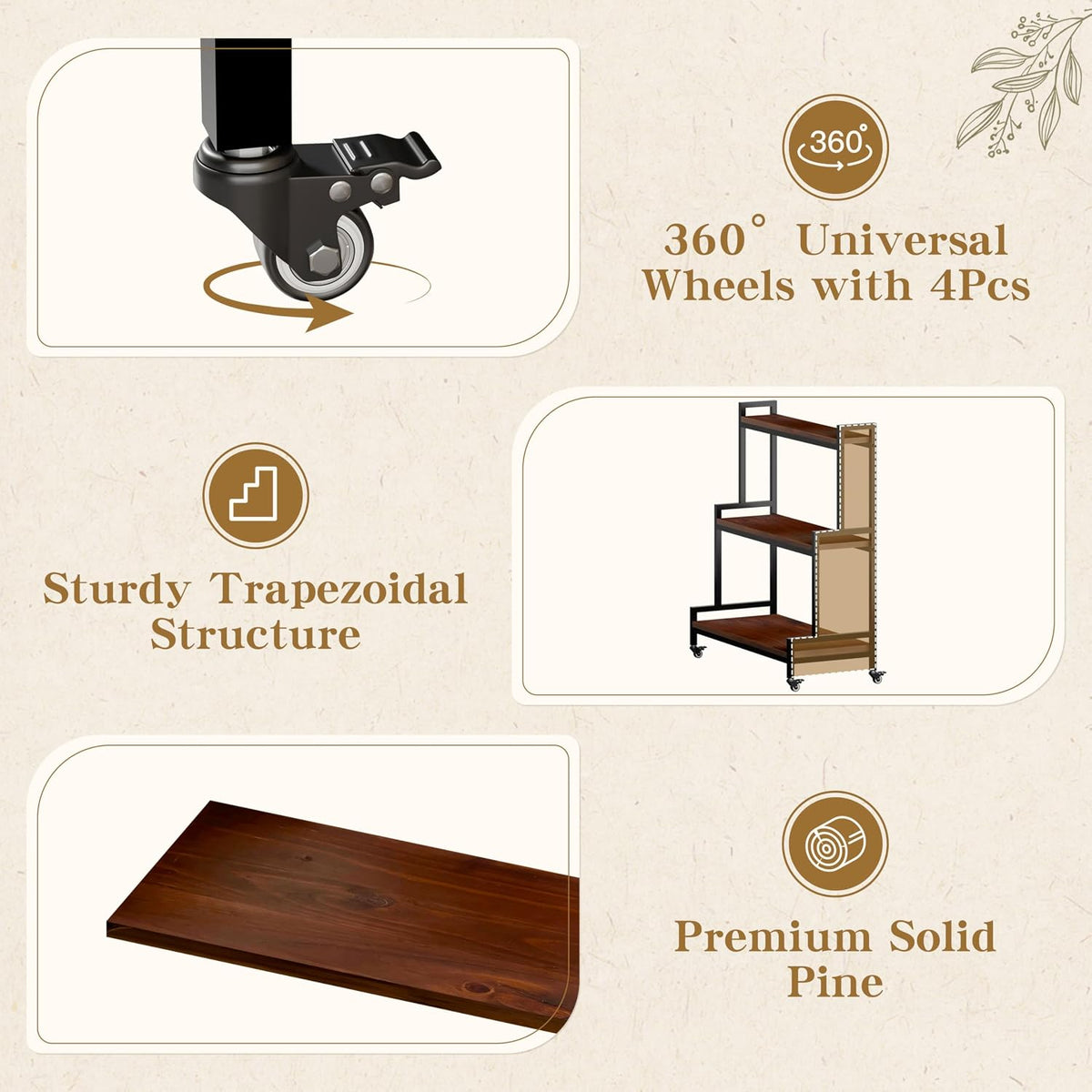 Walnut 3‑Tier Rolling Wood Plant Stand