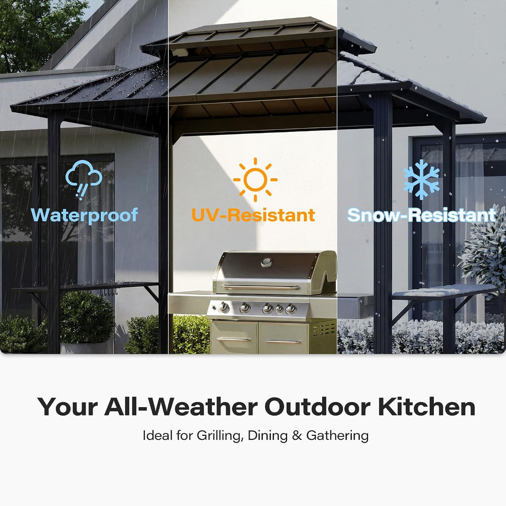 Black 8'x6' Hardtop Grill Gazebo With Side Shelves