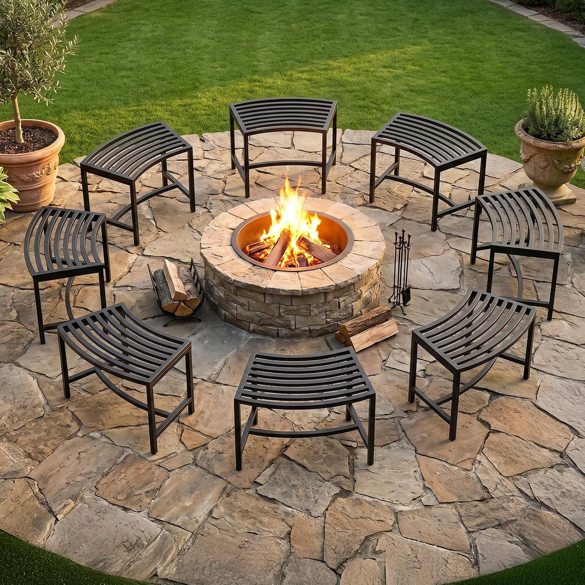 Outdoor Metal Curved Fire Pit Benches Set‑8