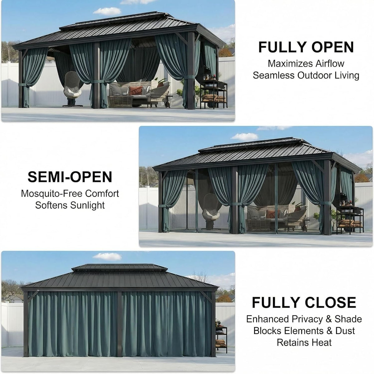 Black 12'x20' Hardtop Gazebo With Flame‑Retardant Curtain