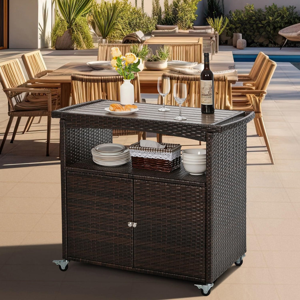 Brown Wicker Rolling Outdoor Bar Cart