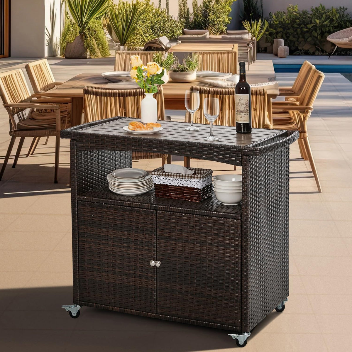 Brown Wicker Rolling Outdoor Bar Cart