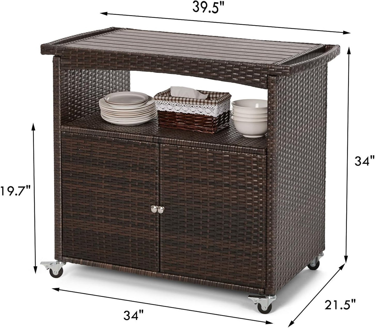 Brown Wicker Rolling Outdoor Bar Cart