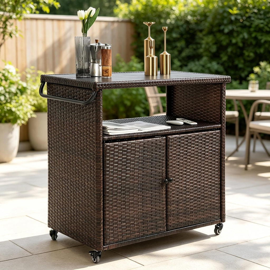 Wicker Rolling Outdoor Bar Cart With Storage