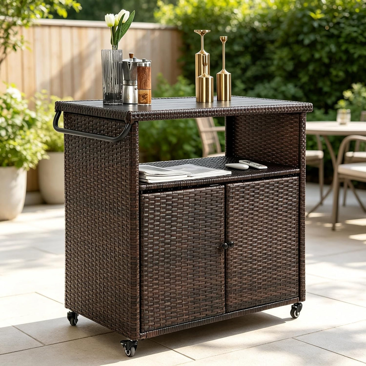 Wicker Rolling Outdoor Bar Cart With Storage