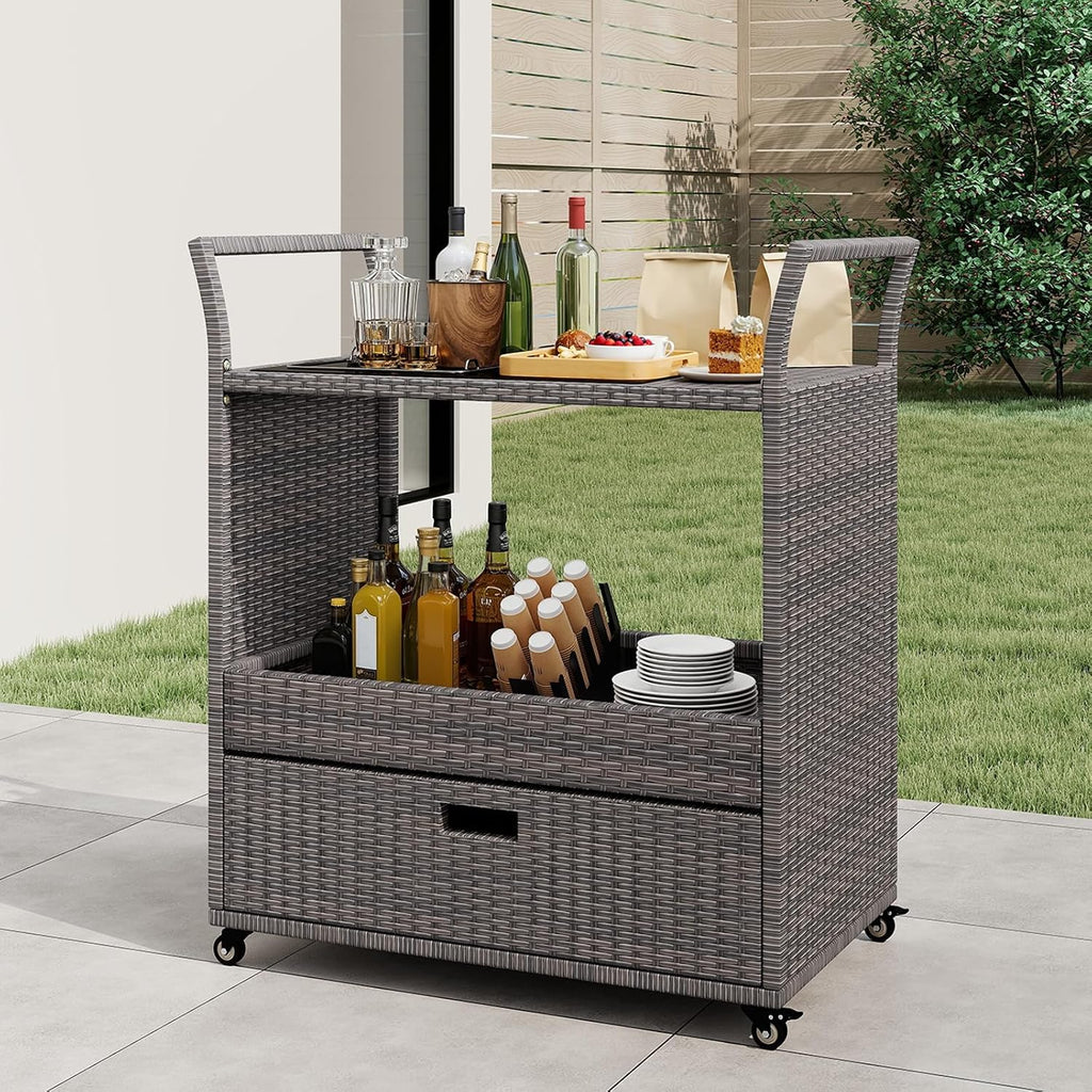 Wicker Rolling Outdoor Bar Cart With Glass Top