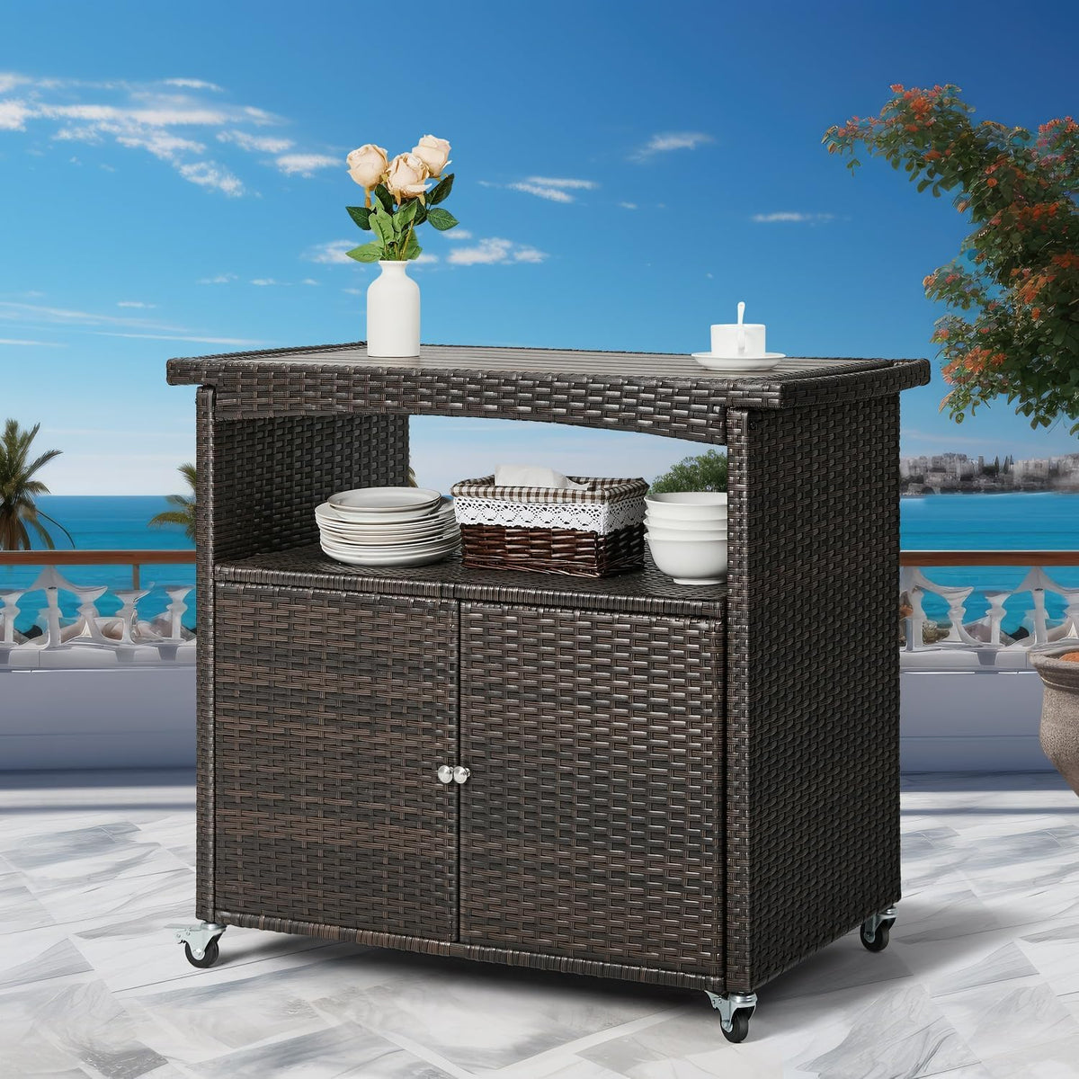 Brown Wicker Rolling Outdoor Bar Cart
