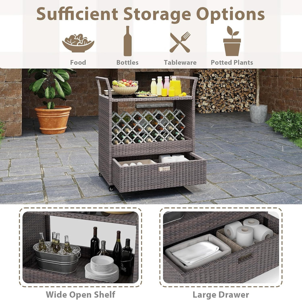 Wicker Rolling Outdoor Bar Cart With Glass Top