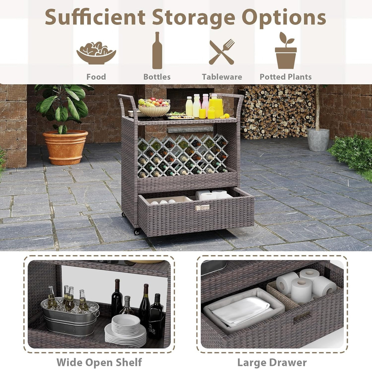 Wicker Rolling Outdoor Bar Cart With Glass Top