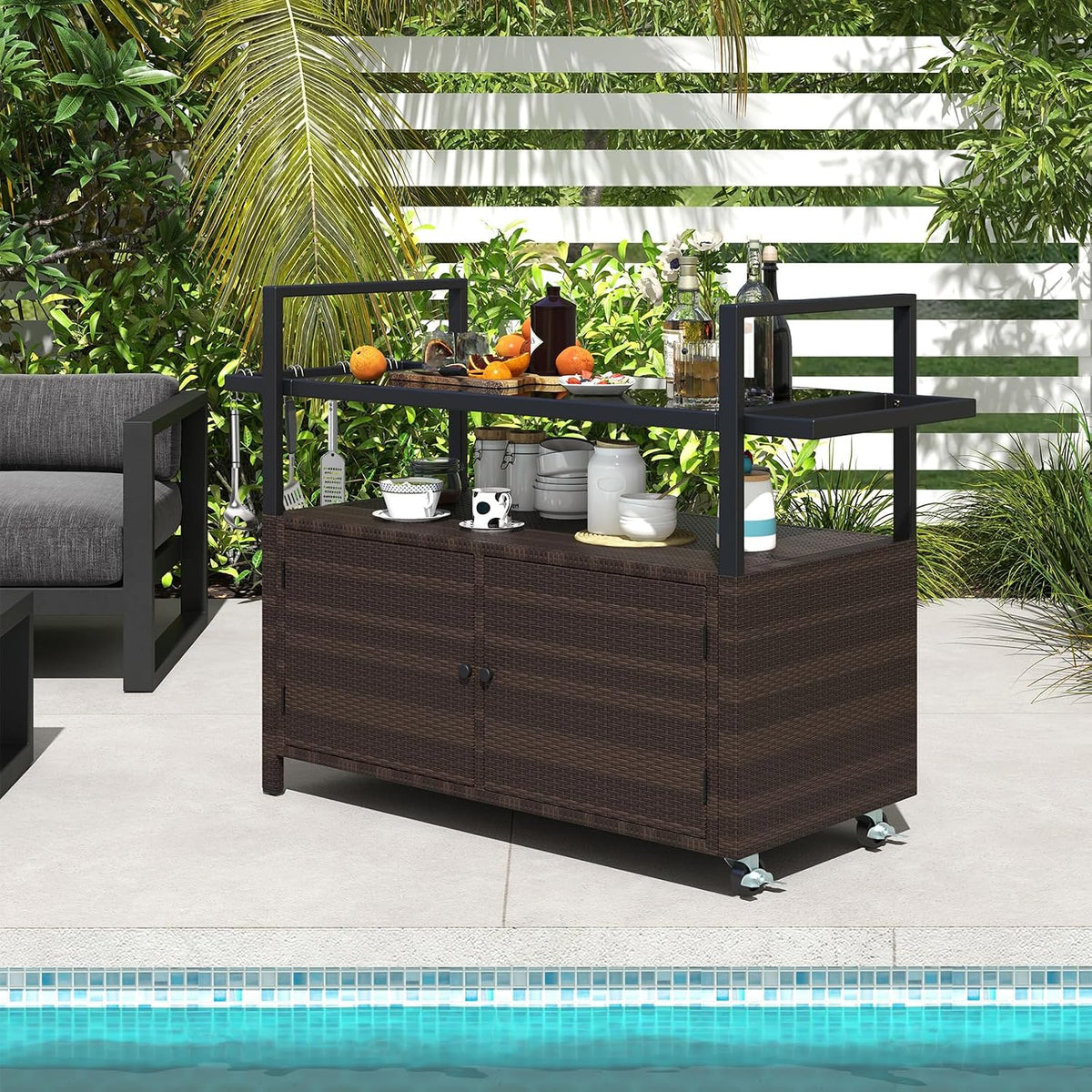 Mix Brown Wicker Rolling Outdoor Bar Cart