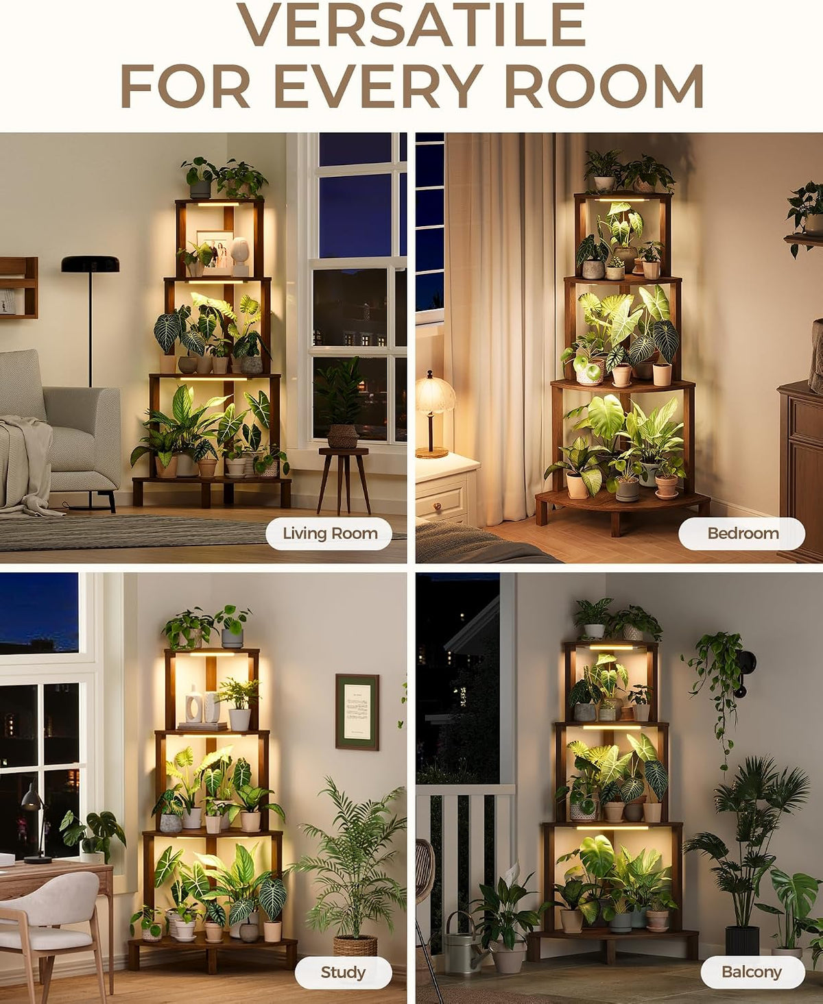4‑Tier Wood Corner Plant Stand With Grow Lights