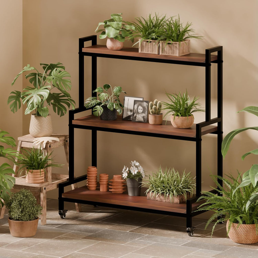 Walnut 3‑Tier Rolling Wood Plant Stand