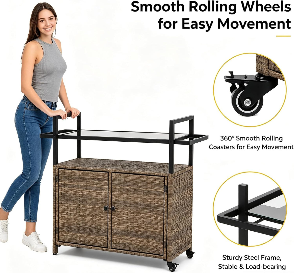 Brown Wicker Rolling Outdoor Bar Cart