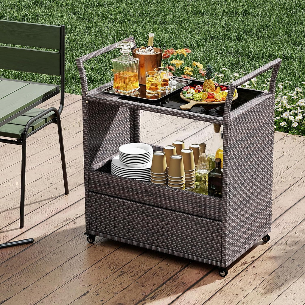 Wicker Rolling Outdoor Serving Bar Cart