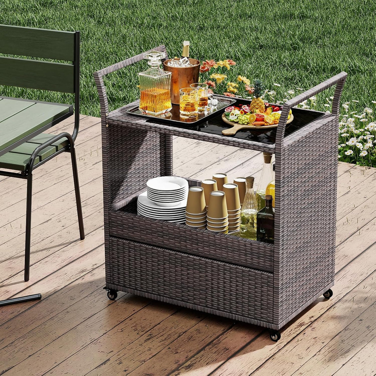Wicker Rolling Outdoor Serving Bar Cart