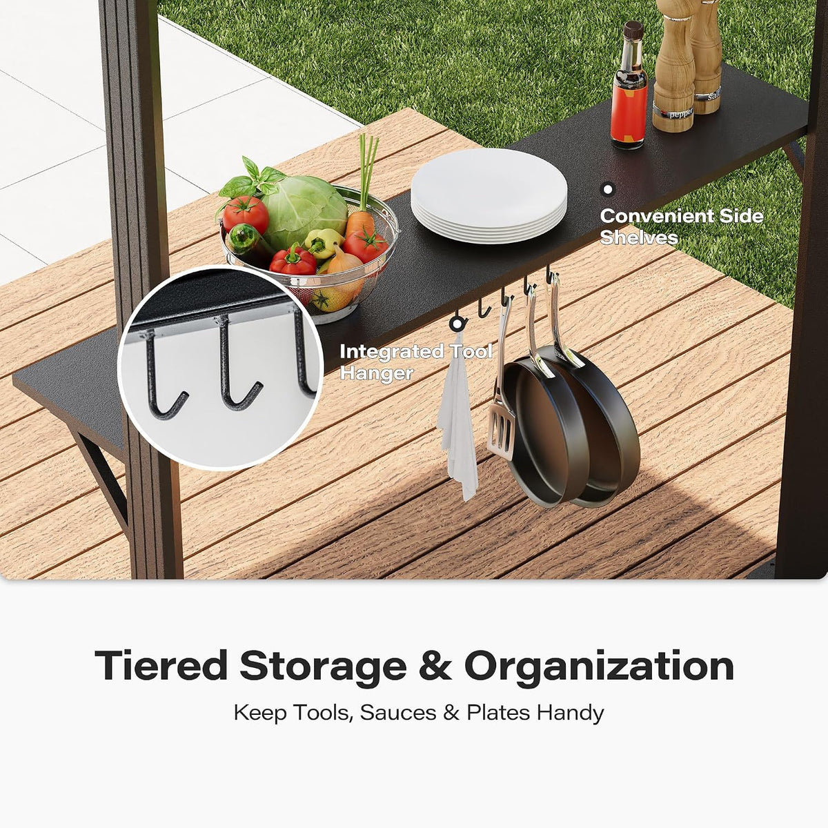 Black 8'x6' Hardtop Grill Gazebo With Side Shelves