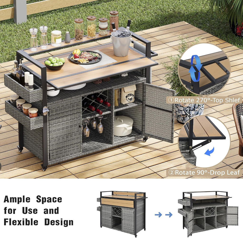 Grey Rattan Rolling Outdoor Bar Cart