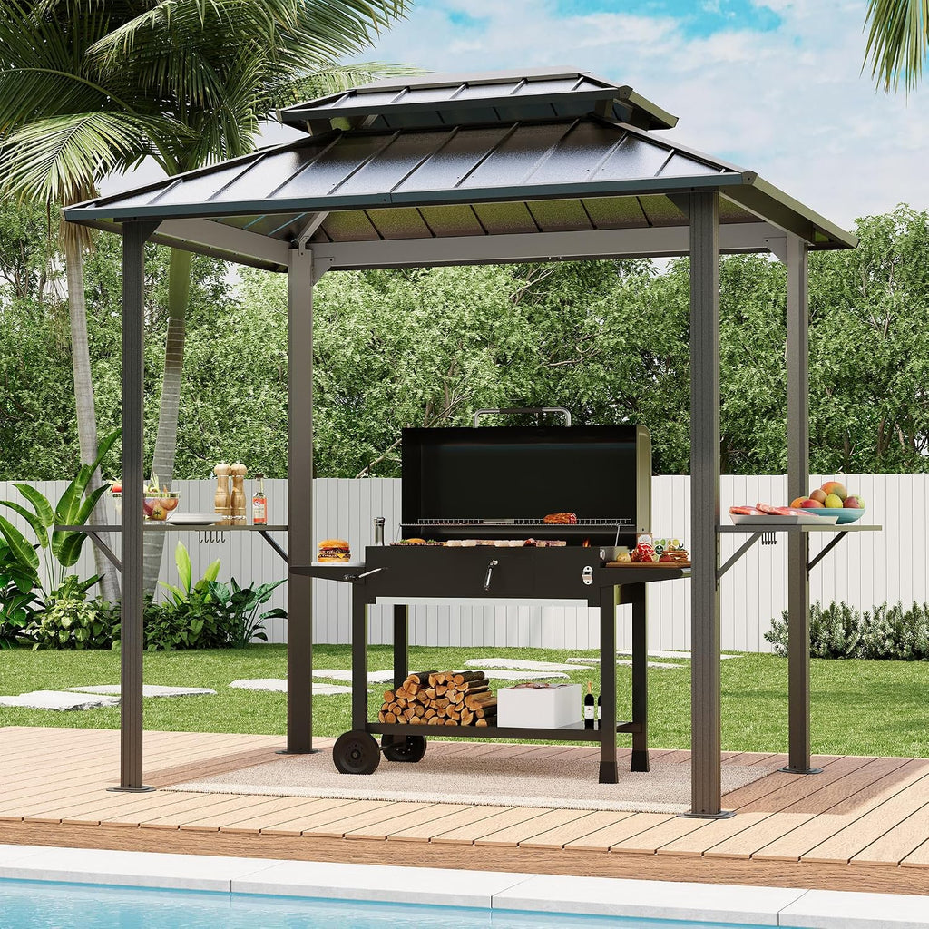 Black 8'x6' Hardtop Grill Gazebo With Side Shelves