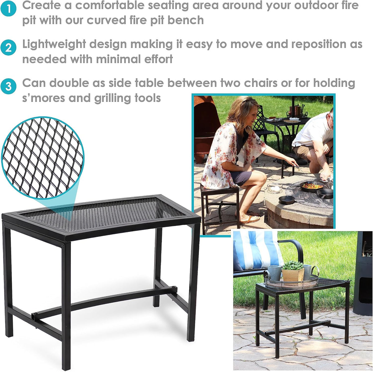 Black Metal Mesh Curved Fire Pit Bench Set‑2