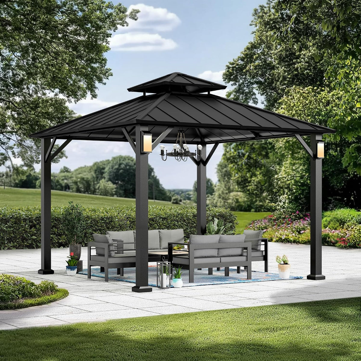Black 10'x10' Hardtop Gazebo With LED Lights
