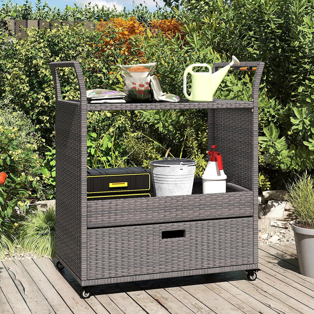 Wicker Rolling Outdoor Bar Cart With Glass Top